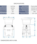Diagram of Heavy Duty 22mm Metal Emergency Stop Push Button Switch Red Mushroom showing specifications and dimensions