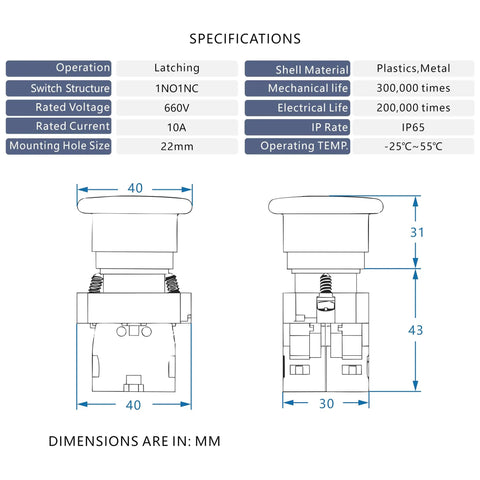 Diagram of Heavy Duty 22mm Metal Emergency Stop Push Button Switch Red Mushroom showing specifications and dimensions