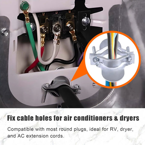 Two Piece Dryer Cord Strain Relief Clamp Kit for heavy duty electrical connection in use, securing wires and preventing damage.