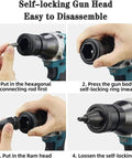 Self-locking gun head assembly process showing steps for No Strings Attached Heavy Duty Cordless Rivet Gun With 5.2 Ah Battery And Slick LED Light.