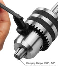 Close-up of MT2 Drill Chuck For Lathe With JT33 Morse Taper Two Arbor And Chuck Key, showing 1/32"-5/8" clamping range.