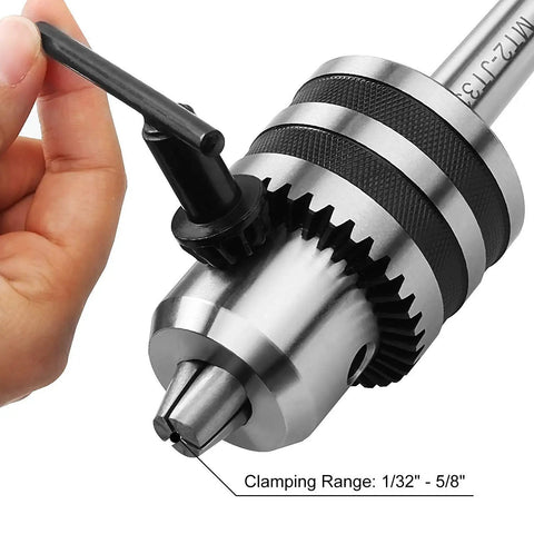 Close-up of MT2 Drill Chuck For Lathe With JT33 Morse Taper Two Arbor And Chuck Key, showing 1/32"-5/8" clamping range.