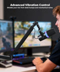 Heavy Duty Low Profile Microphone Boom Arm Stand For Gaming And Streaming With Solid Aluminum Build, adjustable for stability during use.