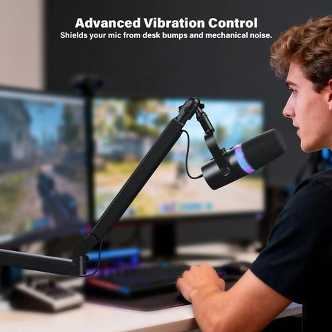 Heavy Duty Low Profile Microphone Boom Arm Stand For Gaming And Streaming With Solid Aluminum Build, adjustable for stability during use.
