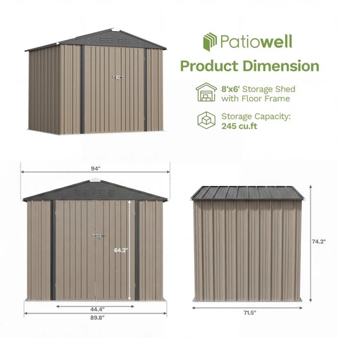 Dimensions of 8x6 Ft Outdoor Storage Shed With Floor Frame, Sloped Roof Metal Tool Shed With Lockable Door, Brown