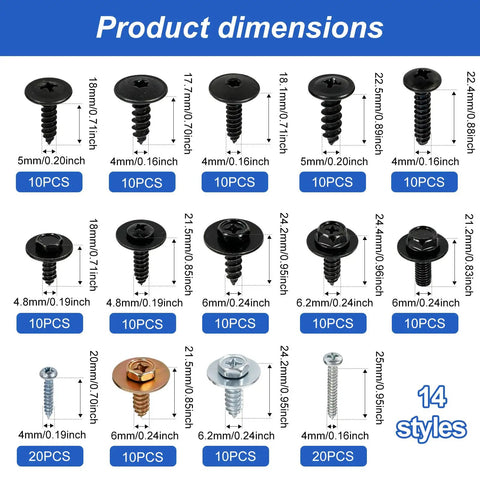 160 Piece Universal Car Body Panel Screws And Fasteners Kit With 14 Sizes Metal Phillips Self Tapping Bolts And Bumper Retainer Clips