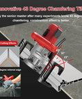Pro Level Heavy Duty Electric Tile Chamfer Machine With Sturdy 12 V Water Pump And Lightning Fast 13000 Rpm Motor And Tough 1200 W Wet Cutting Saw for 43-degree chamfering on tiles.