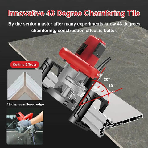 1200 Watt Hardcore Electric Tile Bevel Cutter With 43 Degree Precision Chamfering Machine cutting tile at a 43-degree angle.