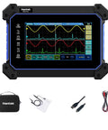 Multi Touch Screen Digital Oscilloscope With 2 Channels 110 MHz, front display with accessories, for electronics hobbyists.