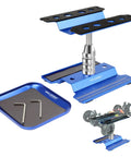 Aluminum RC Car Stand With 360 Degree Rotation Lift And Lower Screw Tray For 1 Eighth To 1 Sixteenth Scale Models Compatible With Crawler Monster Truck And Buggy Blue, showing adjustable height feature and included wrench tools.