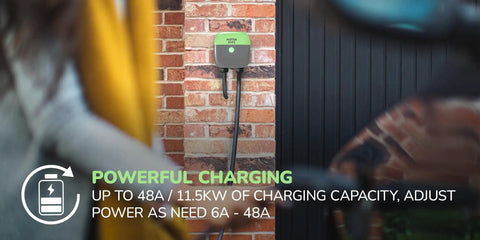 Go To Level 2 EV Charger 16 To 48 Amp With Ethernet WiFi RFID 25 Ft Cable FCC ETL Energy Star Zero Subscription Fee CMS Web And Phone App Best For Fleet Workplace And Hospitality mounted on brick wall