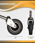 Beefy 5 Inch Swivel Caster Wheel With Thermoplastic Rubber Quiet Smooth Industrial Wheel For Handtrucks Office Chairs Dollies And Utility Carts Built To Last For Heavy Loads And Easy Installation Set Of 1 showing dimensions of 5 inch diameter and 1.25 inch tread width