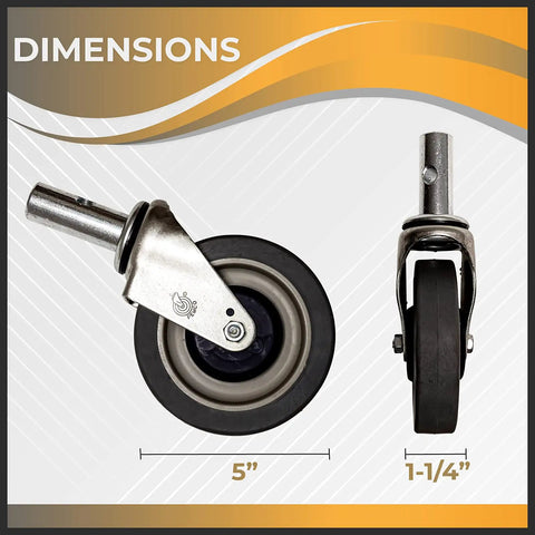 Beefy 5 Inch Swivel Caster Wheel With Thermoplastic Rubber Quiet Smooth Industrial Wheel For Handtrucks Office Chairs Dollies And Utility Carts Built To Last For Heavy Loads And Easy Installation Set Of 1 showing dimensions of 5 inch diameter and 1.25 inch tread width