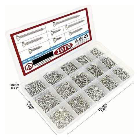 1070-Piece M2 Wood Screw Set With Cross-Recessed Flat Head Self-Tapping Hardware For DIY Projects, Eight Lengths From M2x4 To M2x20, Fully Organized Kit For Furniture, Cabinets, And General Woodworking, in divided storage box