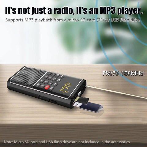 Pocket Mini FM Radio And MP3 Player With USB TF Card Support showing frequency range and USB input on wood surface.
