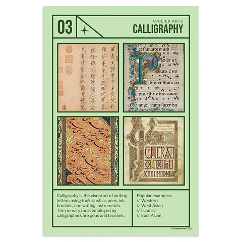 Six Poster Applied Arts Set for Classrooms, 12x18 Inch Design Posters Covering Calligraphy, K-12 Teaching Materials, Made in USA