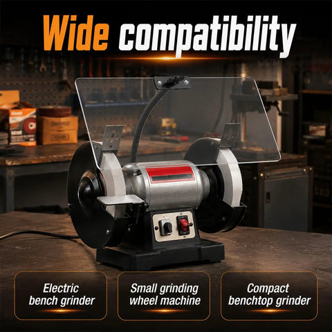 Battle Ready Adjustable Bench Grinder Shield Built For Tight Clearance fits electric bench grinder with clear acrylic cover.