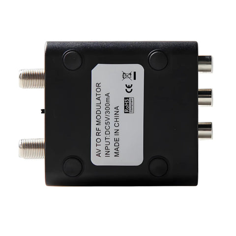 Top view of Coaxial RF Modulator and AV to RF Converter for classic gaming, showing ports and specifications label.