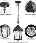 7.5 Inch Outdoor Pendant Light For Porch Modern Black Die-Cast Aluminum Fixture With Ripple Glass Weatherproof Outdoor Hanging Light Easy Bottom Bulb Access Ideal Patio Deck Or Garden Decor, showing design details and socket.