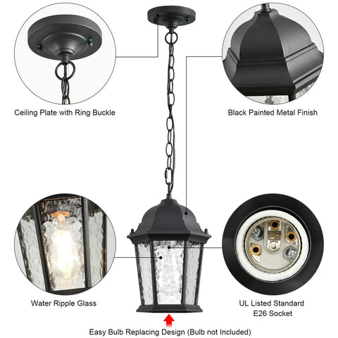 7.5 Inch Outdoor Pendant Light For Porch Modern Black Die-Cast Aluminum Fixture With Ripple Glass Weatherproof Outdoor Hanging Light Easy Bottom Bulb Access Ideal Patio Deck Or Garden Decor, showing design details and socket.