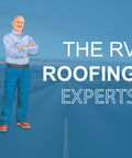 Illustration of a person standing next to text that reads 'The RV Roofing Experts'.