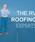 Illustration of a confident man in blue jeans and shirt standing on road with text 'The RV Roofing Experts' on blue sky background.