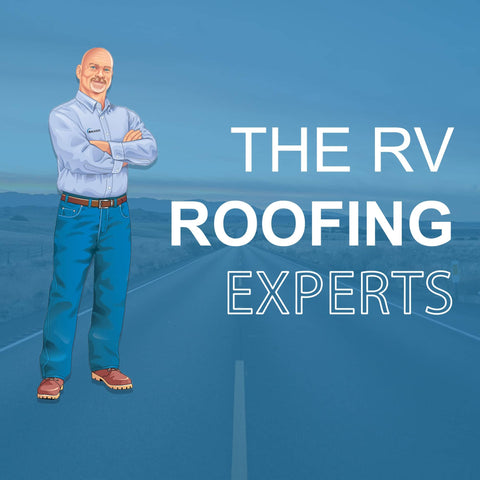 Illustration of a confident man in blue jeans and shirt standing on road with text 'The RV Roofing Experts' on blue sky background.