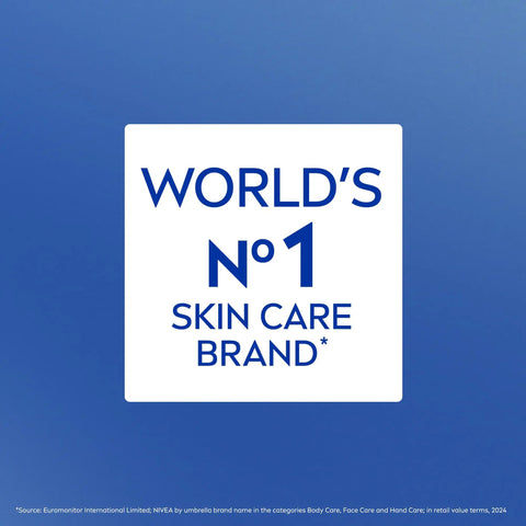 Image showing text "WORLD'S No1 SKIN CARE BRAND*" on a blue background, highlighting brand recognition.