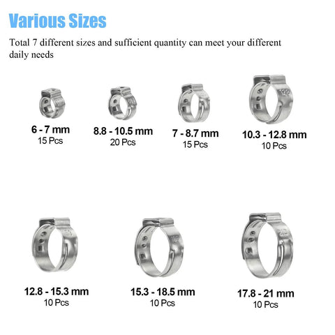 Stainless steel single-ear hose clamp set, seven sizes from 6–21 mm, 90 pieces total.