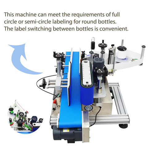 No-Nonsense Fully Automatic Round Bottle Labeling Machine Featuring Intuitive Touch Screen Controls And Smart Photoelectric Sensors for full circle or semi-circle labeling.
