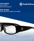 Top Shelf 12 Pack Anti Fog Safety Glasses With Clear Lens And Black Frame Lightweight Unisex Impact Resistant Eye Protection Shooters Swear By For The Range And Workshop, side view showing wrap-around design.