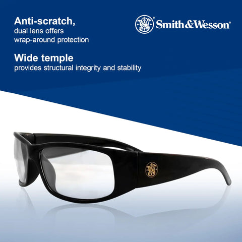 Top Shelf 12 Pack Anti Fog Safety Glasses With Clear Lens And Black Frame Lightweight Unisex Impact Resistant Eye Protection Shooters Swear By For The Range And Workshop, side view showing wrap-around design.