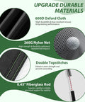 All In One 10x7ft Golf Practice Net Set materials with 600D Oxford cloth, 260G nylon net, and 0.45-inch fiberglass rod details