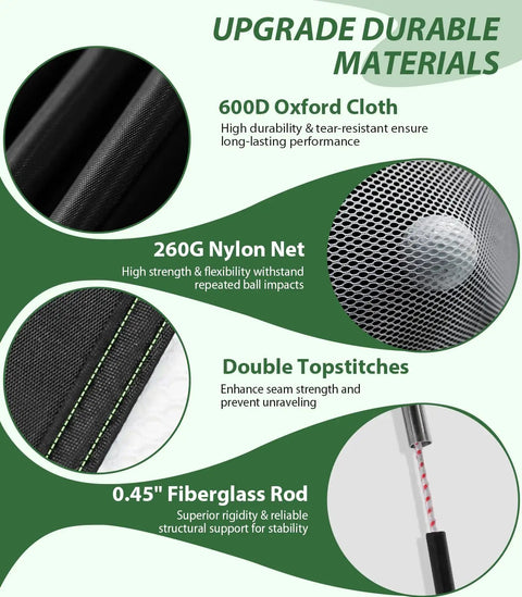 All In One 10x7ft Golf Practice Net Set materials with 600D Oxford cloth, 260G nylon net, and 0.45-inch fiberglass rod details