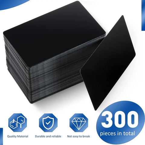 300 Piece Aluminum Engraving Blanks Set For DIY Cards And Projects, Multipurpose Blanks For CNC Engravers And Laser Engraving, 86 X 54 mm, 0.21 mm Thick, Black Finish, Ideal For Custom Business Cards And Creative Crafts, shown stacked and individually.