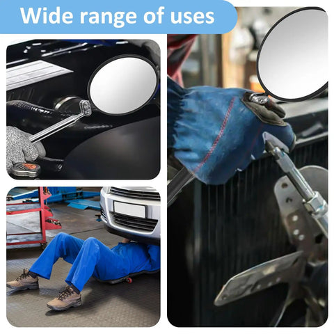 Telescoping Inspection Mirror With 360 Degree Rotation Flexible Retractable Handle Extends From 7 To 35 Inches in use for vehicle inspection.