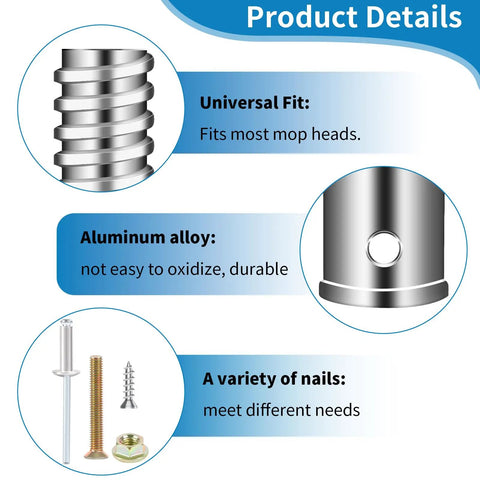 Product details of Three Quarters Inch Threaded Tip Replacement Kit For Wood Or Metal Poles With Two Sets Of Tips And Eight Small Screws Plus Extension Pole Adapter For Mop Broom And Household Cleaning Tools showing aluminum alloy tips and screw variety.