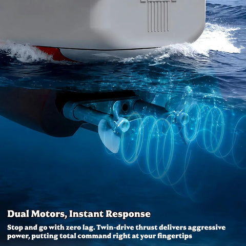 Underwater view of the 16 Inch RC Warship Boat with real water spray, highlighting dual motors and propellers in action.