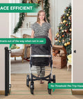 Woman pushing stroller through doorway with Retractable Baby Gate for Stairs and Doorways, 33 inch tall, space-saving mesh gate.