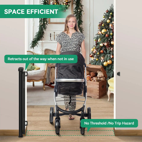 Woman pushing stroller through doorway with Retractable Baby Gate for Stairs and Doorways, 33 inch tall, space-saving mesh gate.