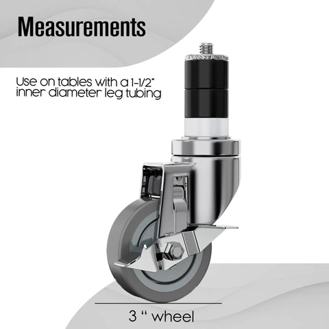 Set Of 4 Heavy Duty Table Casters With 3 Inch Non Marking Rubber Wheels, Universal Fit For Kitchen Cart And Utility Table Legs, Crushes Heavy Loads, No Sweat Setup, showing a detailed close-up of a 3-inch caster wheel.