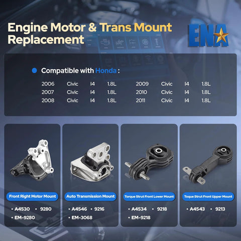 Beefed Up Engine Mount Set For Honda Civic 1.8L I4 Automatic Transmission 2006 2007 2008 2009 2010 2011 Replacement Kit A4530 A4534 A4543 A4546