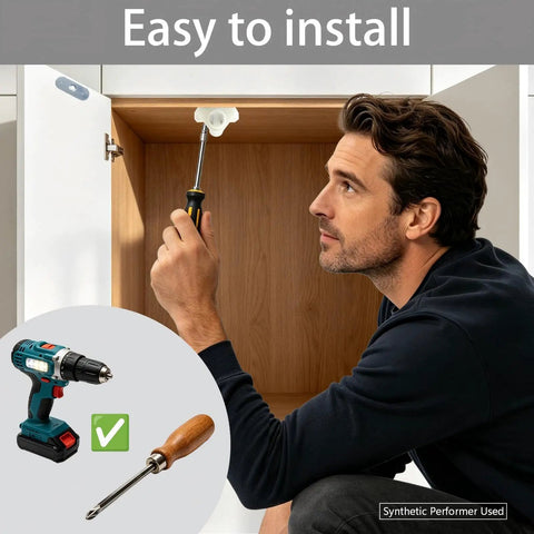 Man installing 8 Pack White Magnetic Push To Open Cabinet Latches Kit With 8 Strike Plates And 40 Fixing Screws Easy Install