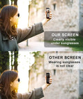 Woman wearing sunglasses tests Pro Grade 6.7 Inch iPhone 13 Pro Max Screen Replacement Kit With LCD Display And 3D Touch Digitizer outdoors