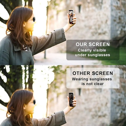 Woman wearing sunglasses tests Pro Grade 6.7 Inch iPhone 13 Pro Max Screen Replacement Kit With LCD Display And 3D Touch Digitizer outdoors