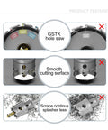 Image showing GSTK hole saw with carbide tips, demonstrating smooth cutting surface and reduced scrap with Heavy Duty Tungsten Carbide Tipped Hole Saw Kit 10 Pieces For Hard Metals With Titanium Plated Pilot Center Drill Bits And 2 L Wrenches Beast For DIY Projects In Home Shops And Professional Metalworking Tasks With Faster Cut Speeds And Tool Life.