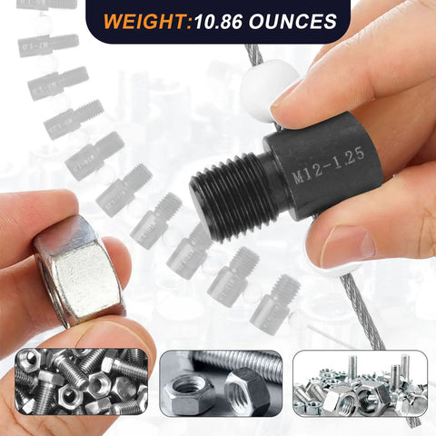 Nut And Bolt Thread Gauge Kit With 32 Male And Female Gauges, 17 Inch And 15 Metric Sizes shown with hands holding gauges