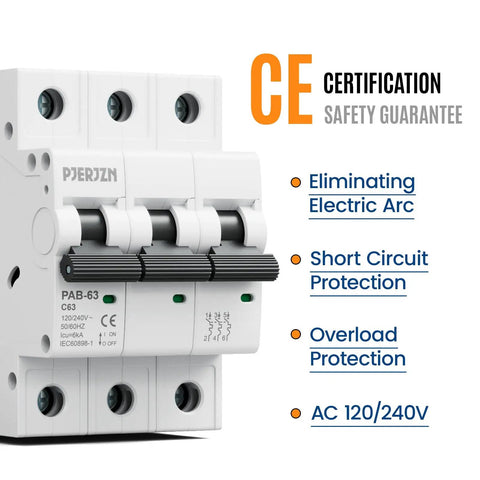 63 Amp 3 Pole DIN Rail Mounted Miniature Circuit Breaker For 120/240V Systems With Thermal Magnetic AC Disconnect