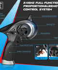 2.4 GHz remote for All Terrain 1 To 18 Scale RC Truck 4WD Waterproof Off Road Vehicle with detailed controls description.