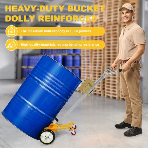 Heavy Duty 55 Gallon Drum Dolly With Braking Wheels, Rugged Reinforced Upgrade, Sturdy Steel Frame Built To Haul Up To 1000 Lbs, Stable Durable Trolley For Easy Oil Drum Transport And Handling On Any Job Site, blue drum on steel cart